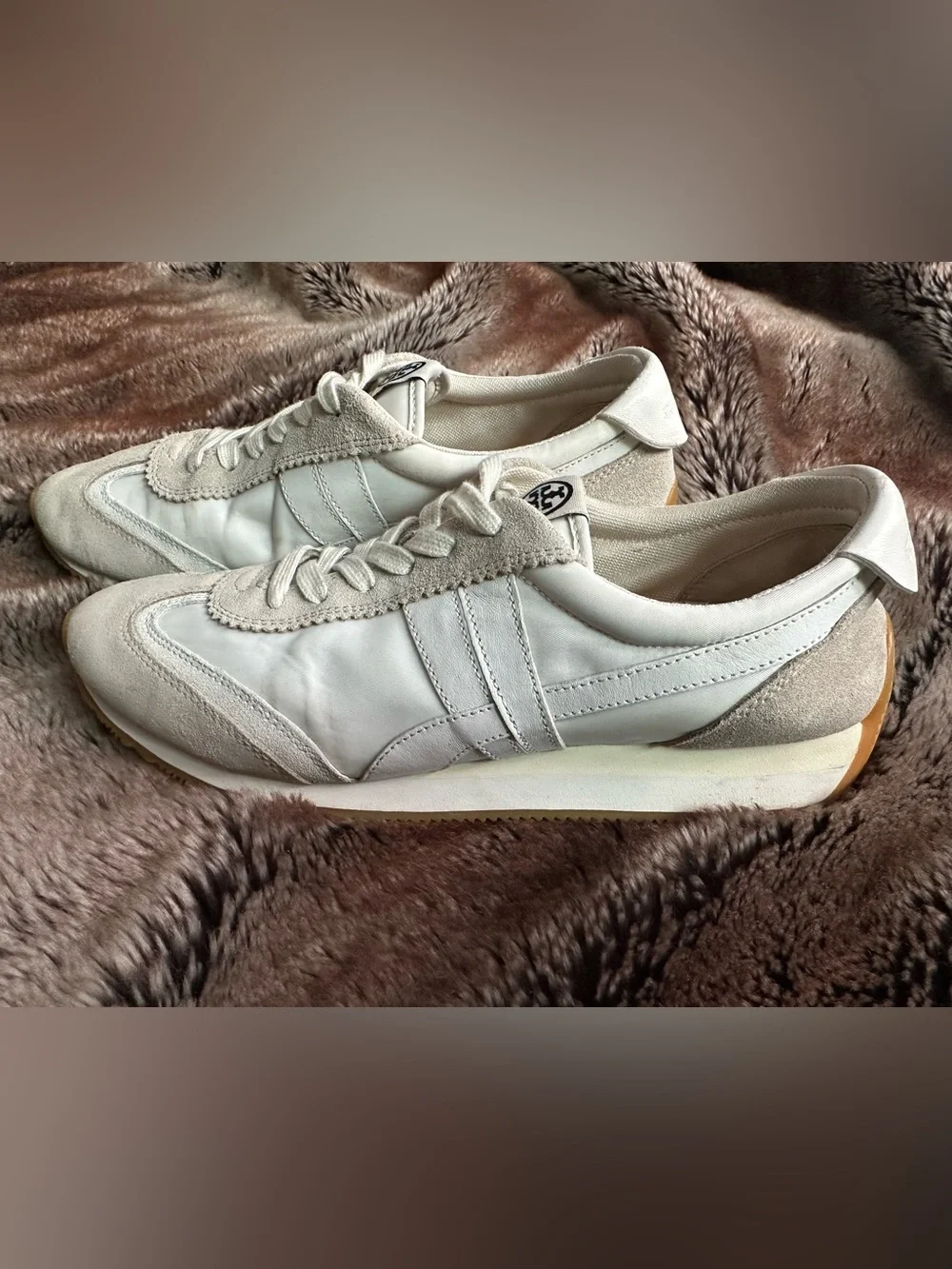 Tory Burch Hank White and Beige Suede Retro Runner Sneaker